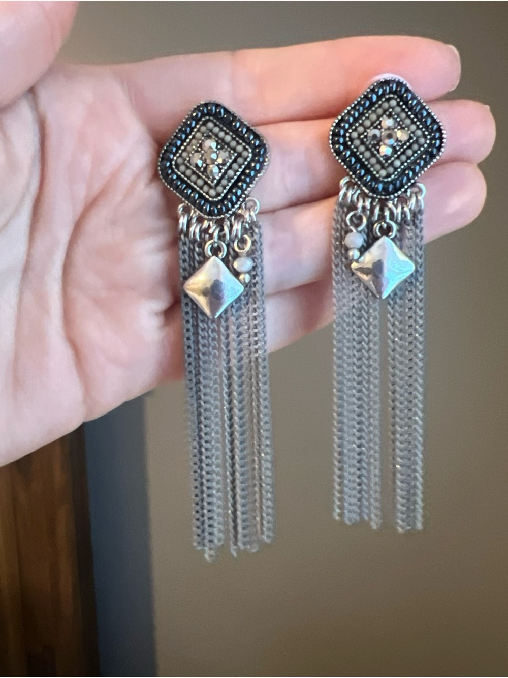 Silver Tassel Drop Earrings with Hematite Accents